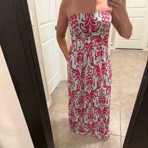 Fuchsia and mint blue Strapless Maxi Dress